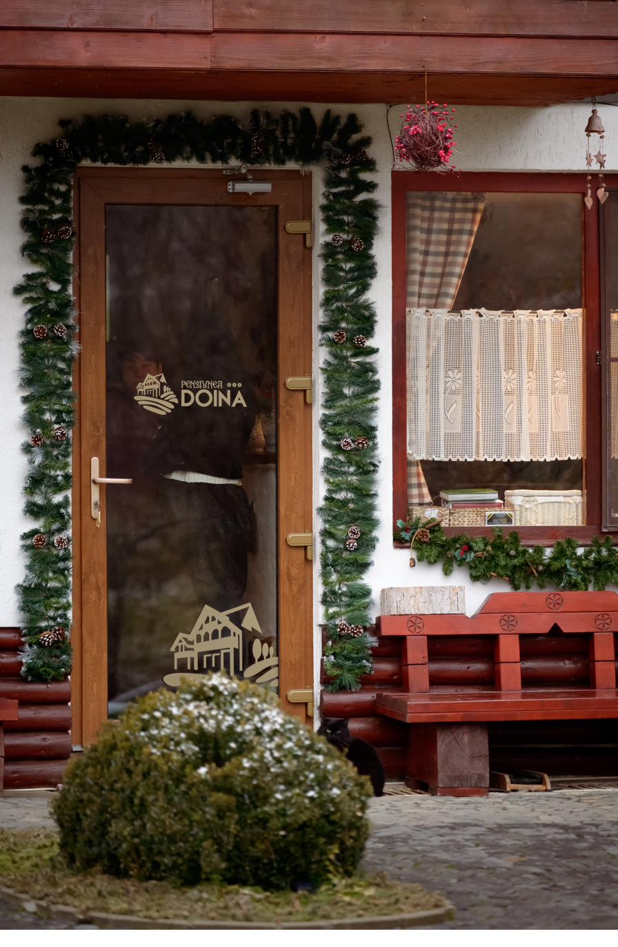 Intrarea în pensiune, cu ghirlandă de sărbători